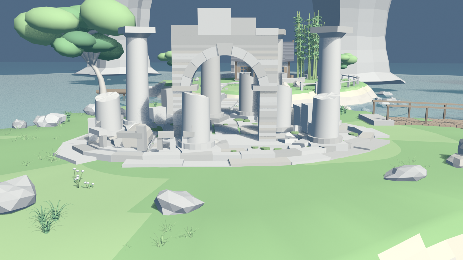 White stone ruins on a green plateau: standing columns, a broken arch and scattered rubble