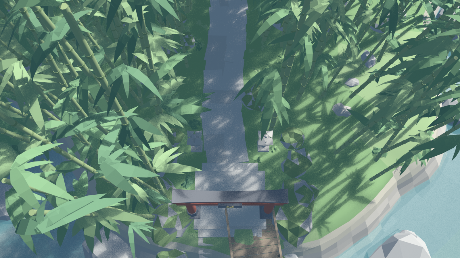 Looking down over a dense bamboo grove onto a vermilion torii gate and a wooden bridge