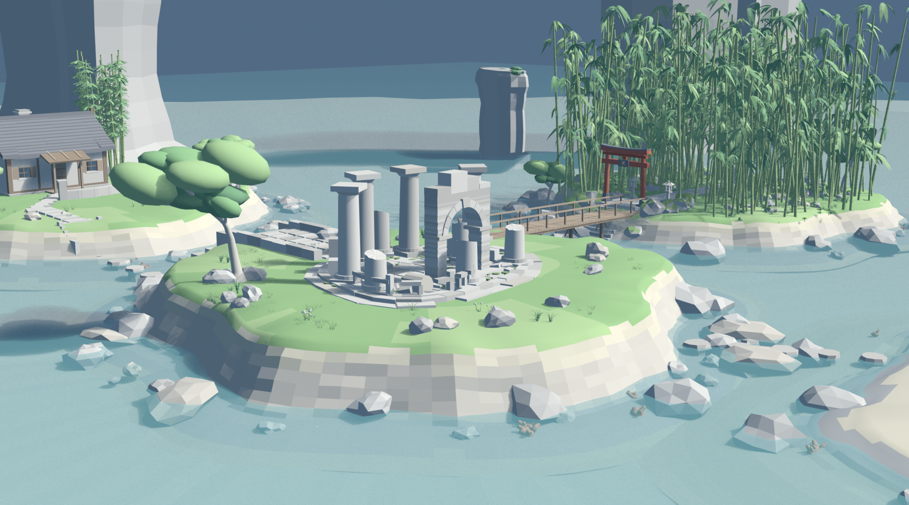 The ruin island seen across the lagoon, with white stone columns and a broken arch on a green plateau