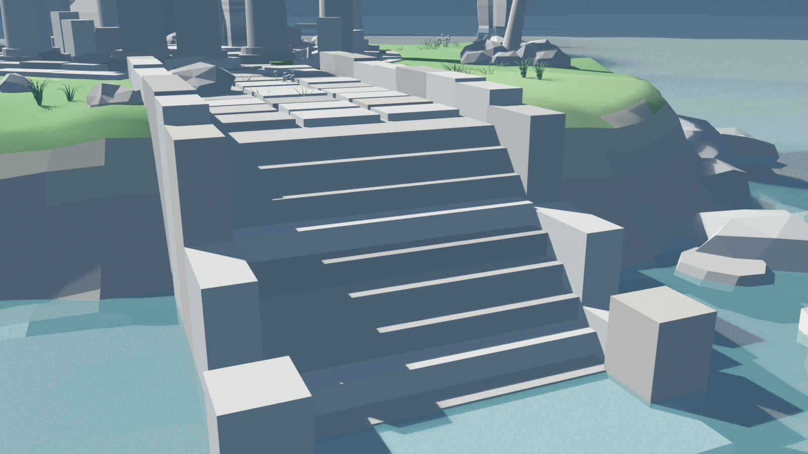 The grand stone staircase descending from the ruin island into the lagoon
